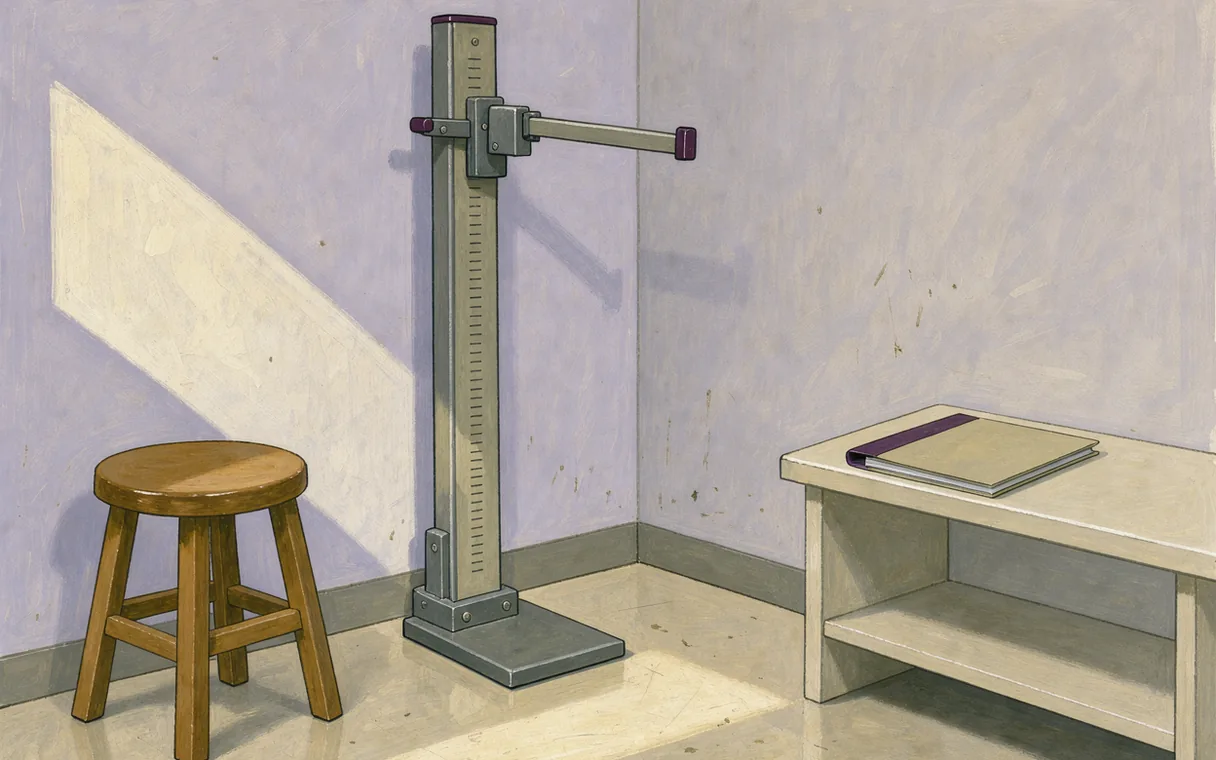 An illustrated height-measuring station with a raised measuring arm, an empty stool and a closed folder