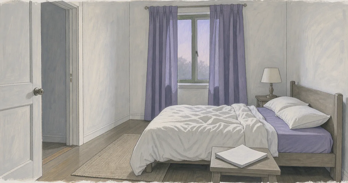 An unoccupied bedroom at dawn, with a folded blank sheet on the bedside table and lavender light through the curtains