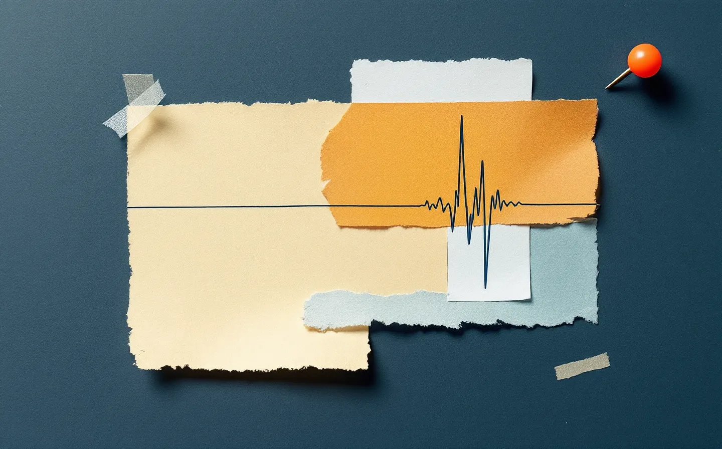 A mixed-media collage of a teal slow-wave-sleep trace layered under an ink-blue nocturnal pulse-burst on a duotone plate, with torn paper edges, washi tape and a clay push-pin, on a deep cool ink ground