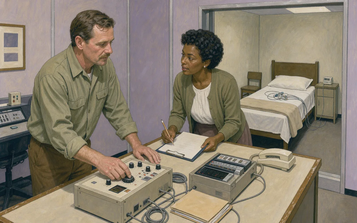 Two technicians prepare recording equipment beside an empty sleep room in a period-style illustration
